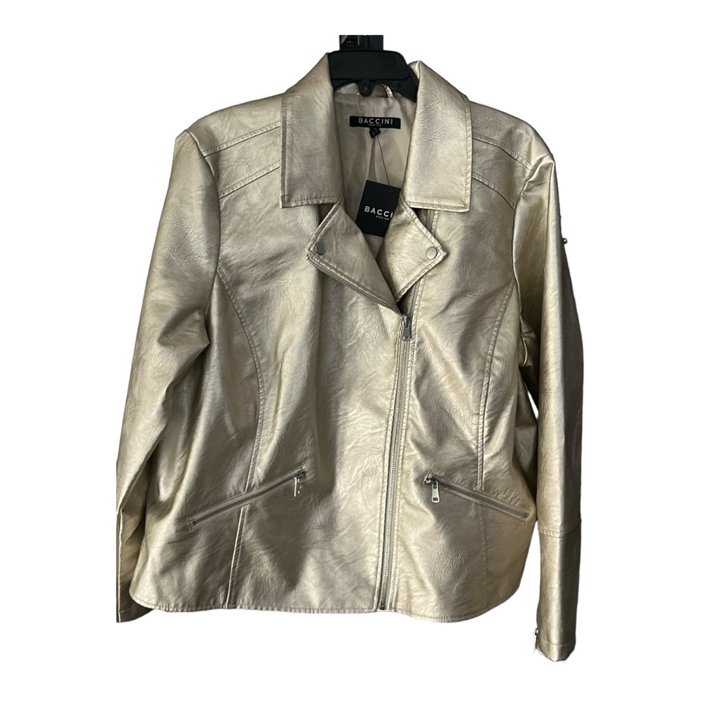 Baccini Metallic Gold Faux Leather Biker Motorcycle Bomber Jacket Women Size - Picture 2 of 8